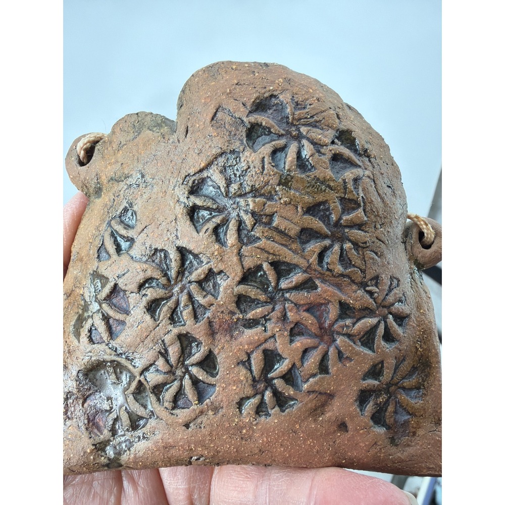 Handmade Terracotta Clay Wall Pocket Hanging‎ Floral Ceramic Vessel Brown Rustic